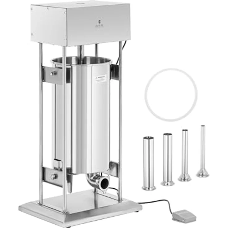 Royal Catering Wurstfüller RCSS-025E, elektrischer 25L Wurstfüller mit 350W Motor, Fußpedal und 4 Füllrohren, silbern – Bild 1