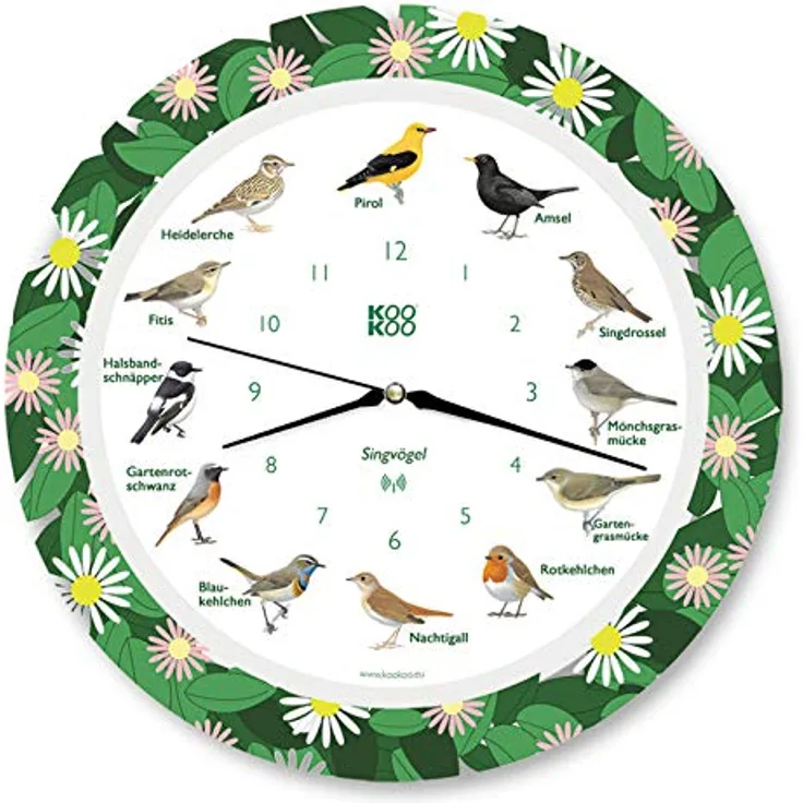 KOOKOO Singvögel Flower Planet, Die Singende Vogeluhr, mit 12 heimischen Singvögeln und echten, natürlichen Vogelstimmen, mit RC Funkquarzwerk