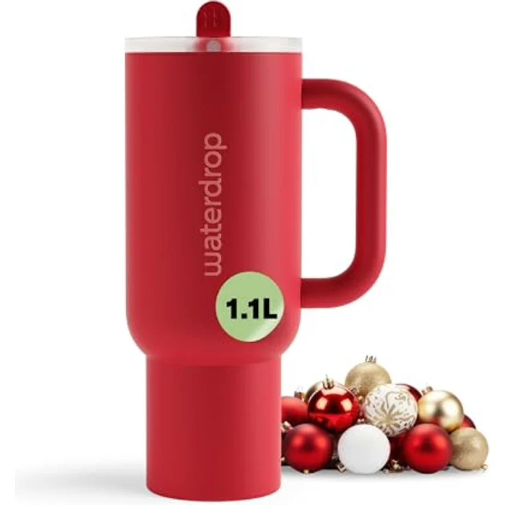 waterdrop® Thermobecher mit Strohhalm 1,1L – Auslaufsichere Edelstahl Trinkflasche mit aufklappbarem Trinkhalm, hält 12h kalt, ideal für Auto und Reisen – Bild 1