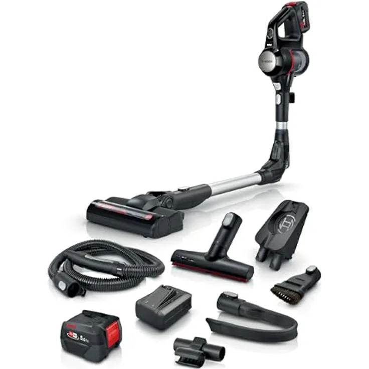 Bosch Akku-Staubsauger Unlimited 7 BSS715XFRSH, kabellos, Knickrohr, Niedriger Geräuschpegel, 10 Jahre Motorgarantie, 2 Akkus, Schnellladegerät, Schwarz