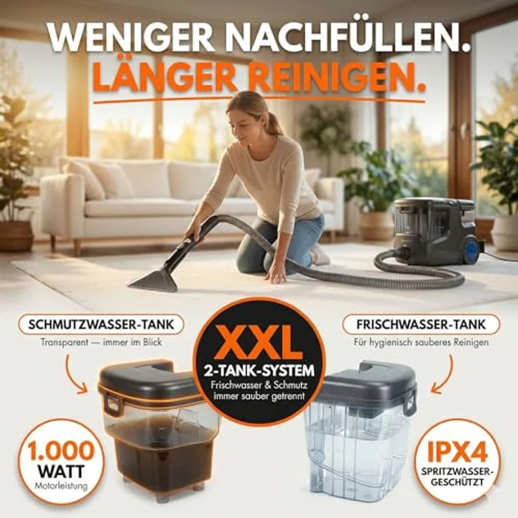 Sommertal HYDRO 9000 MAX, Teppichreinigungsgerät mit 1000W, Dampfsauger und Nasssauger, 20 kPa, 2-Tank-System, umfangreiches Zubehör – Bild 4