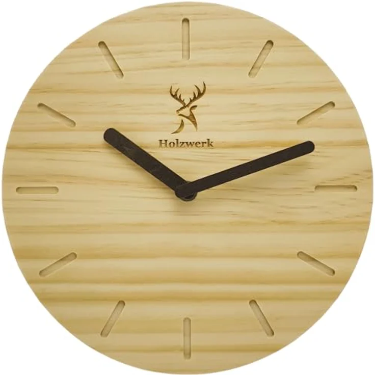 Holzwerk Germany Natur Holz Wanduhr Vintage, lautloses Uhrwerk, handgefertigtes Massivholz Buche, Braun, 25 cm – Bild 1