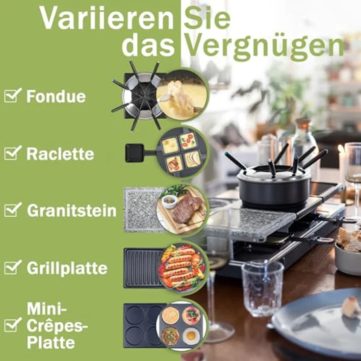 bmf-versand LUTEO® Raclette mit Fondue für 12 Personen, elektrischer Tischgrill mit abnehmbarer Steinplatte und Mini Crepes Maker, 1650 Watt, schwarz, antihaftbeschichtet – Bild 5