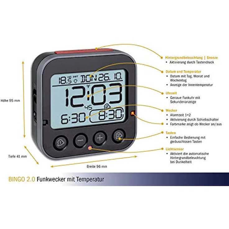TFA Dostmann Bingo 2.0 digitaler Funk-Wecker mit Temperaturanzeige, Kunststoff, schwarz, (L) 95 x (B) 41 x (H) 96 mm – Bild 4