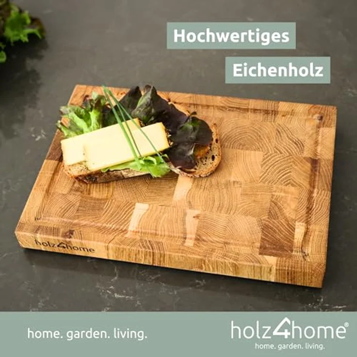 holz4home® Schneidebrett aus Eiche I Stirnholz Würfelmuster I Steakbrett 28x20x2,5 cm LxBxH I Küchenbrett mit Saftrille, Echtes Eichenholz, antibakteriell – Bild 2