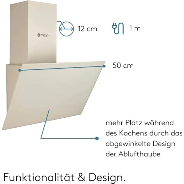 Wiggo Dunstabzugshaube 50cm kopffrei I Abluft Umluft Dunstabzug 300m³/h - LED Touch-Display 3 Stufen I Schräghaube inkl. Fettfilter & 2x Kohlefilter I Abzugshaube mit Glasfront creme – Bild 5