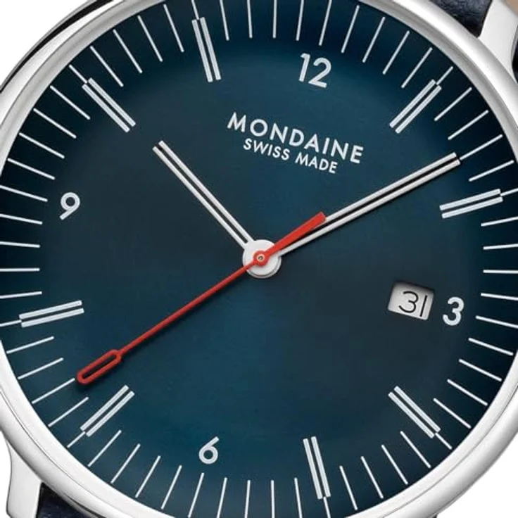 Mondaine Doppio Uhr 41mm Set, Blaues Zifferblatt, Doppelt Gewölbtes Saphirglas, Schweizer Quarzwerk, Wahres Apfellederarmband, Recycelter Edelstahl – Swiss Made – Bild 3