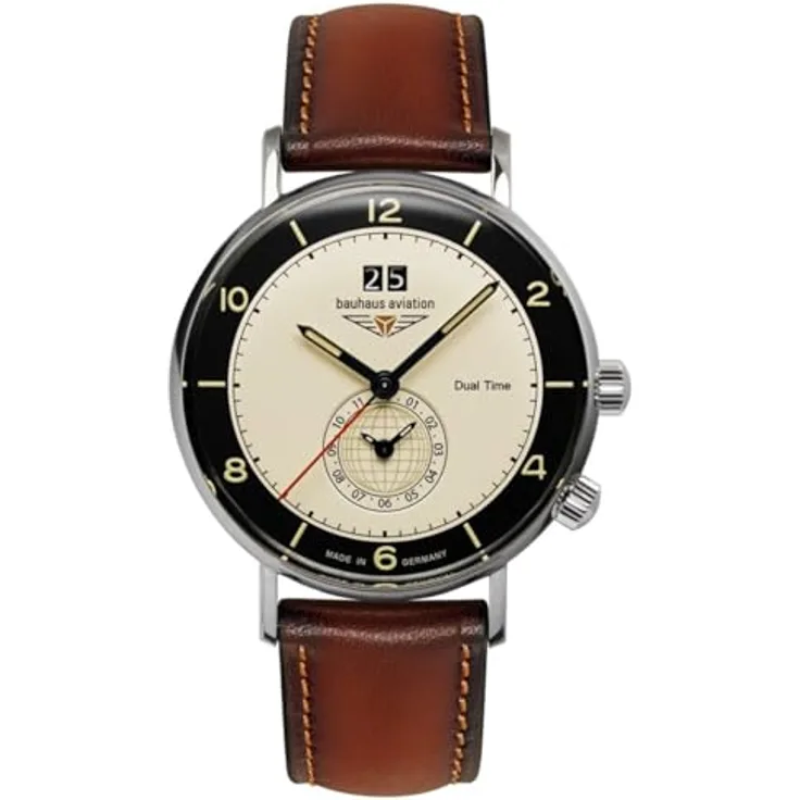 Bauhaus Aviation Vintage Pilot, Quarz, Edelstahl-Gehäuse, beiges Ziffernblatt mit leuchtenden Zeigern, Schweiz Ronda 6203.B