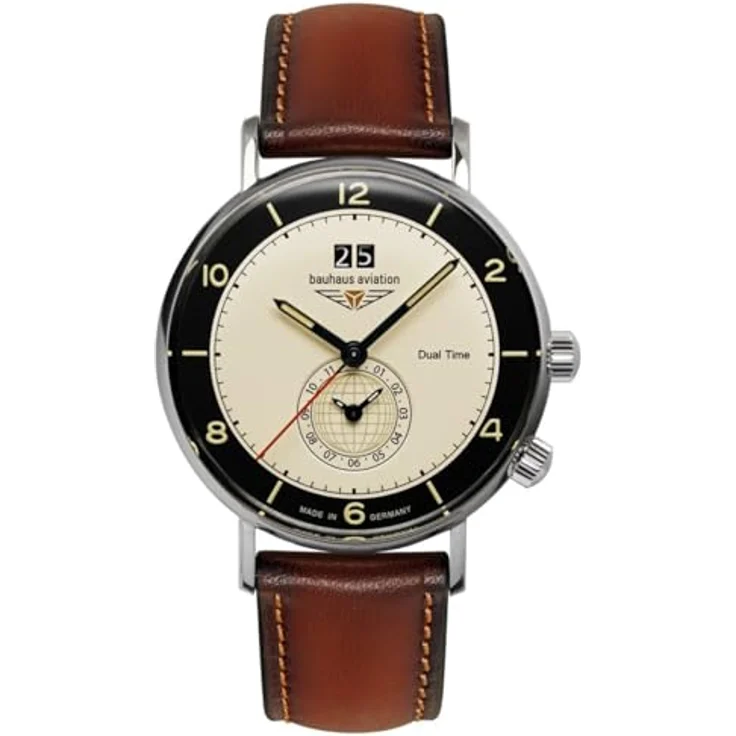 Bauhaus Aviation Vintage Pilot, Quarz, Edelstahl-Gehäuse, beiges Ziffernblatt mit leuchtenden Zeigern, Schweiz Ronda 6203.B – Bild 1