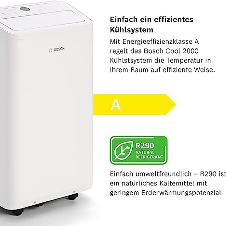 Bosch Cool 2000 Mobiles Klimagerät - 3-in-1: Klimagerät, Luftentfeuchter, Ventilator - 2,6kW Kühlleistung für Räume bis zu 35m² - Auto-Modus, Silent-Modus & Sleep-Modus (46 db(A)) [Energieklasse A] – Bild 5
