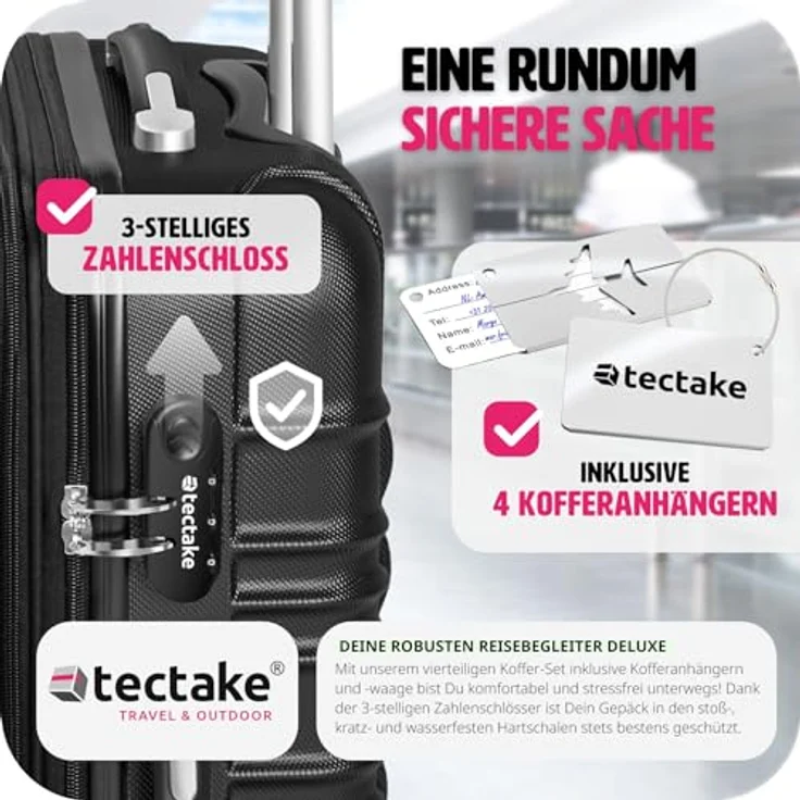 tectake®, 4tlg. Hartschalenkoffer Set, Reisekoffer Set mit Rollen, Hartschale aus ABS, Koffer Set mit Teleskopgriff und Schloss, inkl. Kofferwaage und Kofferanhänge, Trolley Größen S-M-L-XL - schwarz – Bild 5