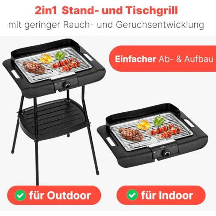 Clatronic BQS 3842, 2in1 Stand- und Tischgrill, Elektrogrill für innen und außen, 2000W, rauch- und geruchsarm, inkl. Windschutz – Bild 2