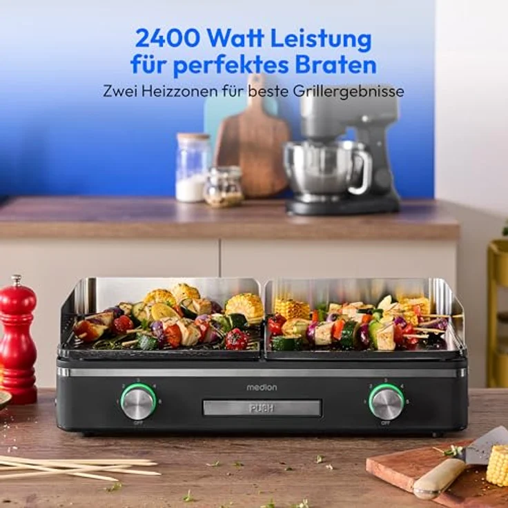 MEDION MD12027 Elektro Tischgrill mit Dual-Zonen-System, 2400 Watt, 2 abnehmbare Platten, individuelle Temperaturregelung, IPX4-Schutz – Bild 2