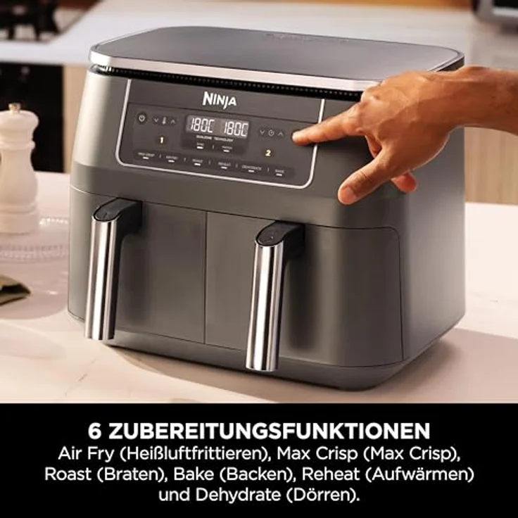 Ninja Dual Zone Digital Air Fryer DZ300EU, 7,6L Heißluftfritteuse mit 2 Schubladen, 6-in-1, ohne Öl, Metallic Grau – Bild 5