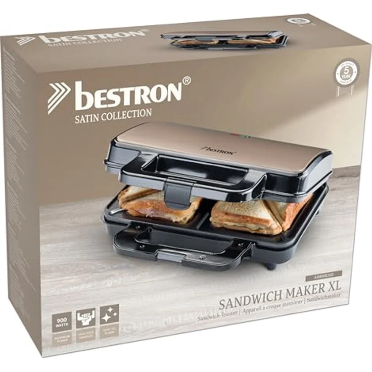 Bestron Sandwichmaker ASM90XLSAT, antihaftbeschichtet, für 2 Sandwiches, 900 W, Hellbeige/Satin – Bild 4