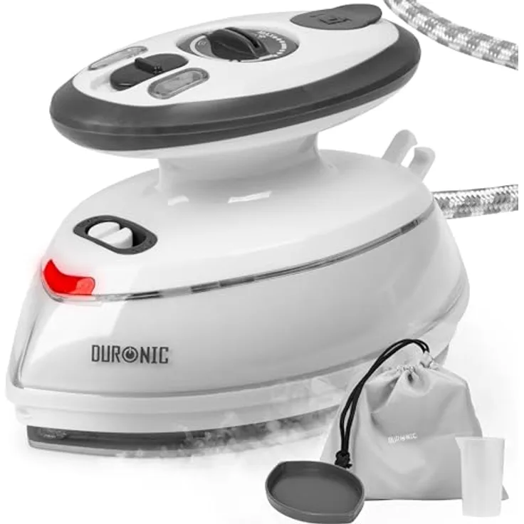 Duronic SI3 WE Mini Reisebügeleisen, 400W Dampfbügeleisen mit 35ml Wassertank, für alle Stoffe, faltbarer Griff, 2 Betriebsspannungen, in Weiß