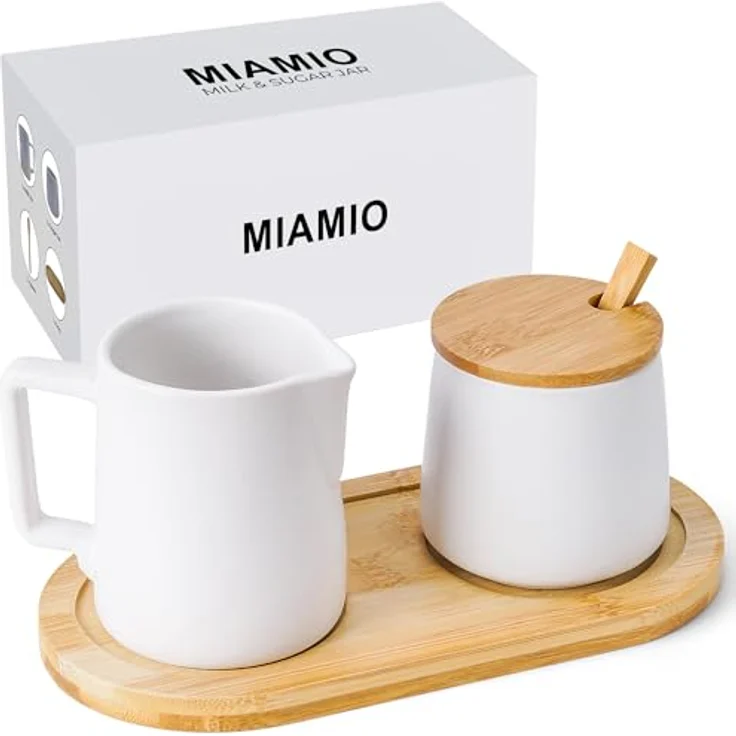 MIAMIO Milch und Zucker Set, Keramik Milchkännchen mit Holzdeckel und Löffel, mikrowellen- und spülmaschinenfest, Weiß – Bild 1