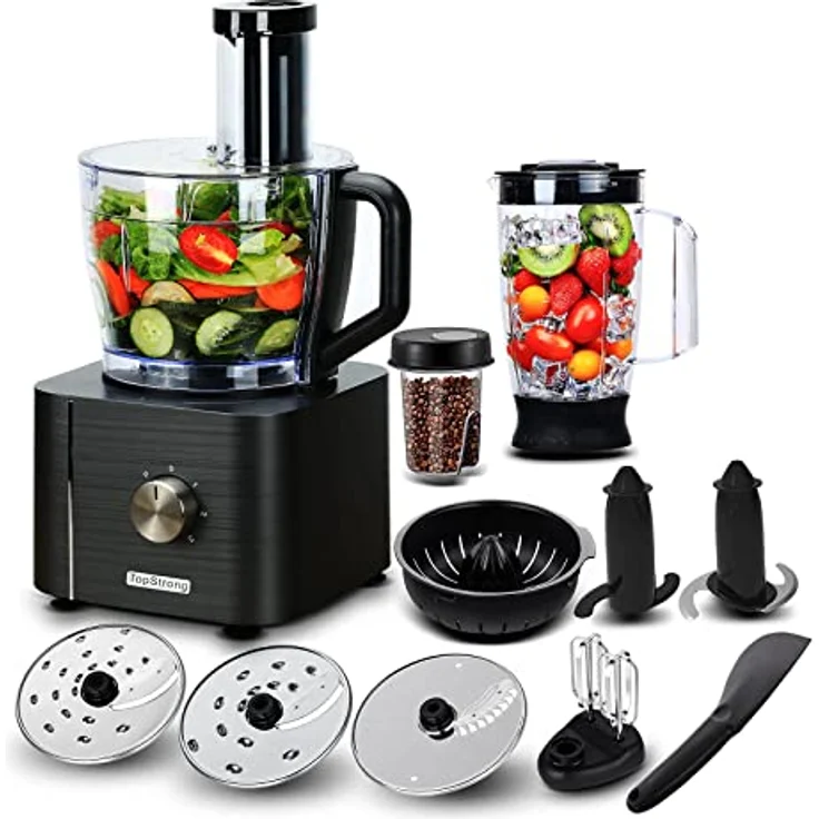 TopStrong Foodprozessor, 1100W, 11 Funktionen, 3,2L und 1,5 Behälter, inkl. Zerkleinerer, Scheidescheibe, Zitruspresse, Knethaken, schwarz – Bild 2