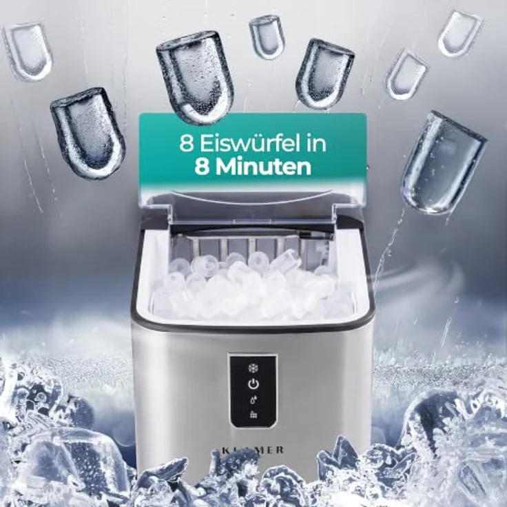 KLAMER Edelstahl Eiswürfelmaschine, 12 kg/24h, 8 Würfel in 8 Min, 1L Wassertank, geräuscharmer Kompressor, Touch Display – Bild 3