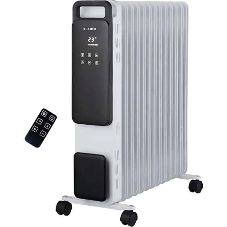 KLAMER Ölradiator 2500 W, Elektroheizung energiesparend, 13 Rippen, 3 Heizstufen mit Eco-Modus, 24h Timer, Thermostat, Überhitzungs- & Kippschutz, mit Fernbedienung, für Innenräume, weiß