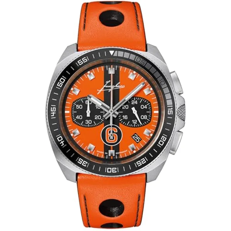 JUNGHANS 1972 Chronoscope Sports Edition 2026, Herrenuhr mit Chronograph, orange Zifferblatt, Lederarmband, Quarzwerk