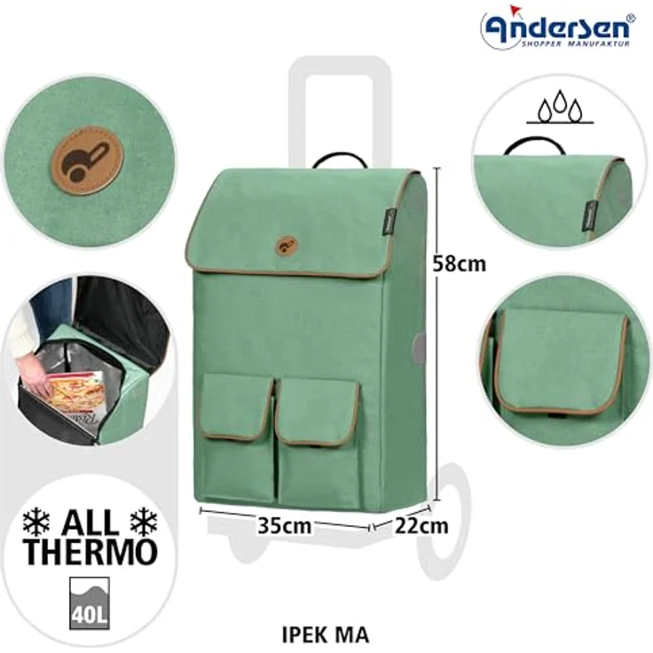 Andersen Shopper Quattro Shopper Ipek Ma Einkaufstrolley, 58 cm, salbeigrün, 100% Polyester, 35 x 22 cm – Bild 3