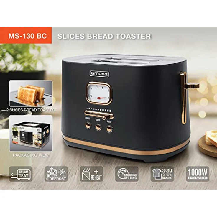 Muse Edelstahl-toaster im schwarzen retro Design, analoge Anzeige, beleuchtete Tasten, 6 Bräungsstufen, 2 Scheiben, MS-130 BC, Vintage Look, mit Krümelschublade – Bild 2