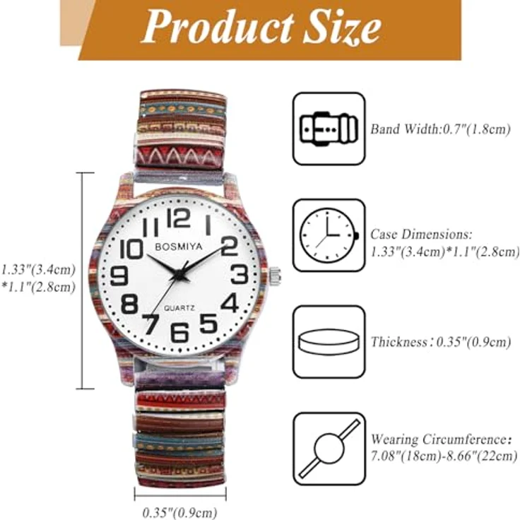 JewelryWe Damenuhr Boho Elastische Armbanduhr, Vintage Ethno-Stil mit Analog Quarzwerk, Edelstahl Stretch Armband, große römische Ziffern – Bild 3