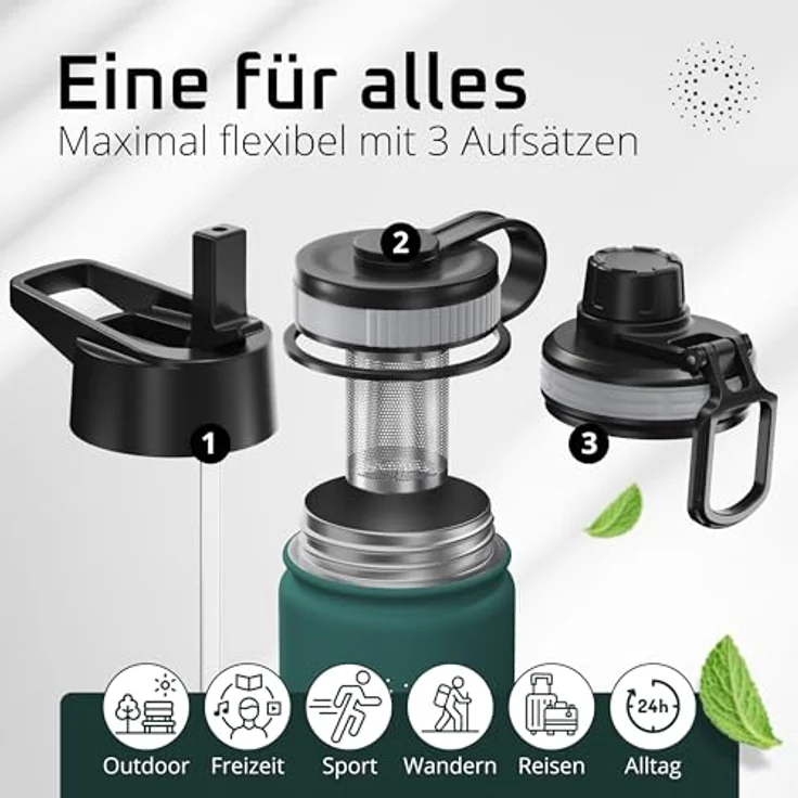 BeMaxx ACTIVE FLASK, Edelstahl-Trinkflasche isoliert mit 3 Deckeln, BPA-frei, auslaufsicher, kohlensäuregeeignet, 680ml, inkl. Strohhalmverschluss – Bild 2