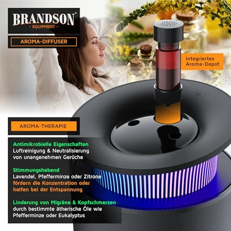 Arendo Luftbefeuchter 2,5 Liter leise - 7 LED Farben Stimmungslicht - 2 schaltbare Dampfausgänge - integriertes Aromaöl Fläschchen - 20m² Wohnzimmer Schlafzimmer Kinderzimmer - Schwarz – Bild 3