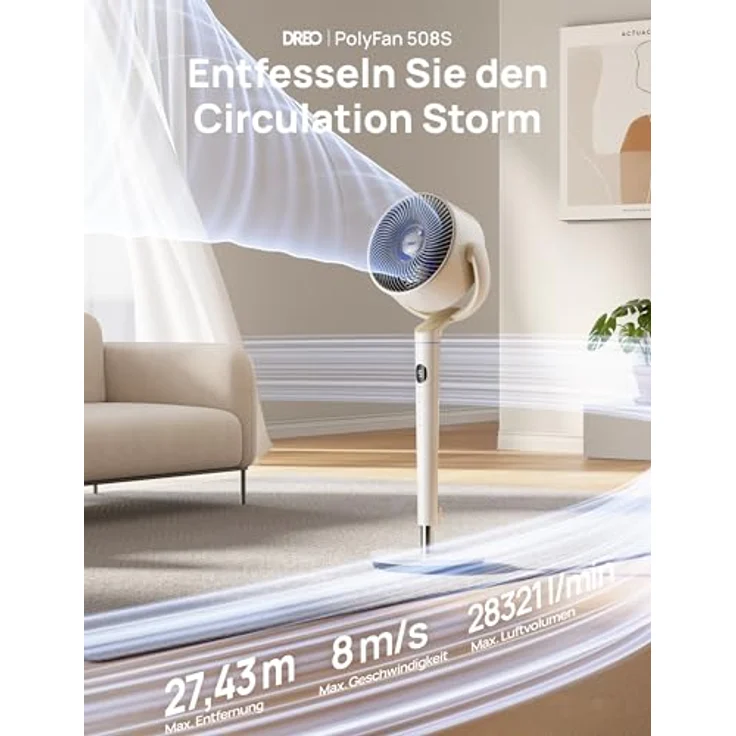 Dreo Smart Standventilator, 120°+120° Oszillierend mit RGB Light, Fernbedienung, 20dB Leiser Bodenventilator, 90ft Reichweite, 8H Timer, Weiß – Bild 2