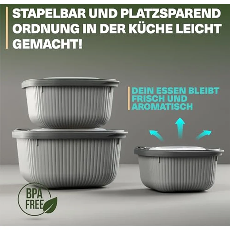 VIWARES Frischhaltedosen 3er Set mit transparentem Ventildeckel, stapelbare Aufbewahrungsbehälter, BPA-frei, mikrowellen- und kühlschrankgeeignet, 3 Größen (600ml/1100ml/1800ml) – Bild 6