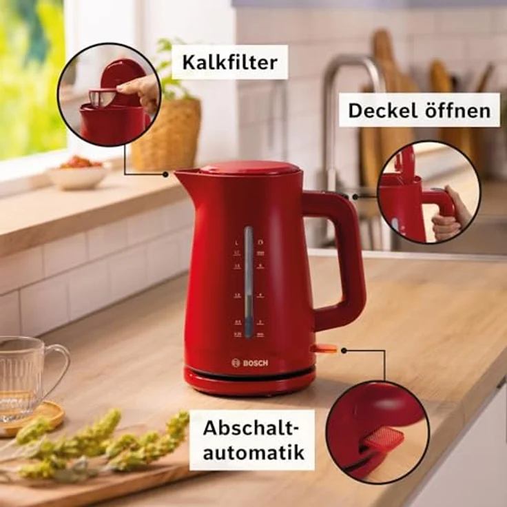 Bosch kabelloser Wasserkocher My Moment TWK3M124, Abschaltautomatik, Überhitzungsschutz, Tassenanzeige, beidseitige Wasserstandsanzeige, entnehmbarer Kalkfilter, 1,7 L, 2400 W, Rot matt – Bild 3