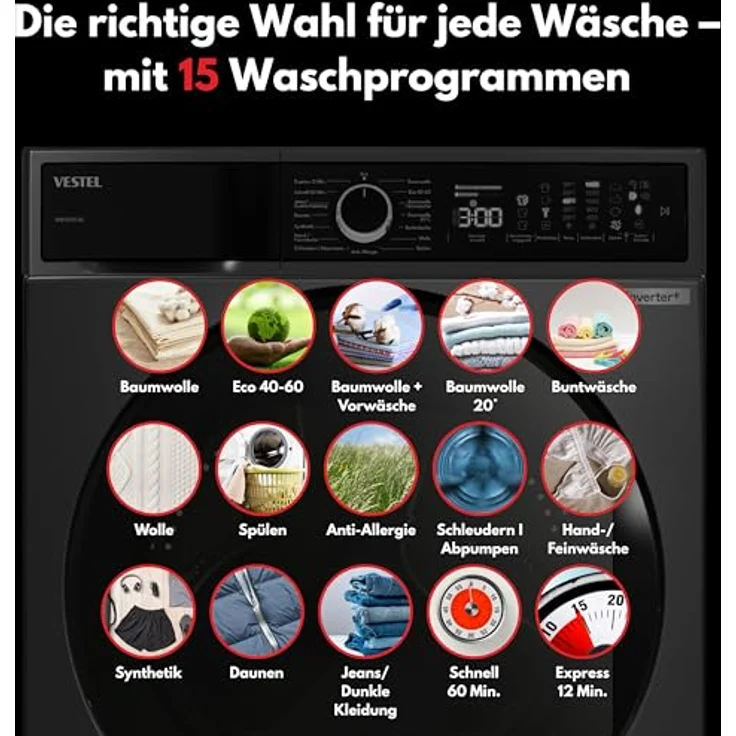 VESTEL WMI 89341 DX, Frontlader Waschmaschine mit 8 kg, 1400 U/min, Inverter-Motor, Dampf, AquaStop+Switch, Dark Inox – Bild 3