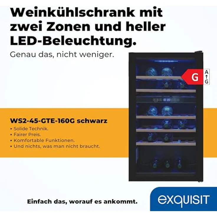 Exquisit Weinkühlschrank WS2-45-GTE-160G, 2 Zonen für 45 Flaschen, 119 Liter, Umluftventilator, digitale Temperaturanzeige, schwarz – Bild 2