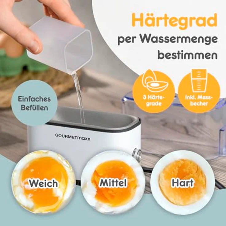 GOURMETmaxx Eierkocher für 2 Eier, Mini Egg Boiler mit Eierstecher, 3 Härtegrade, spülmaschinenfeste Teile, weiß – Bild 4