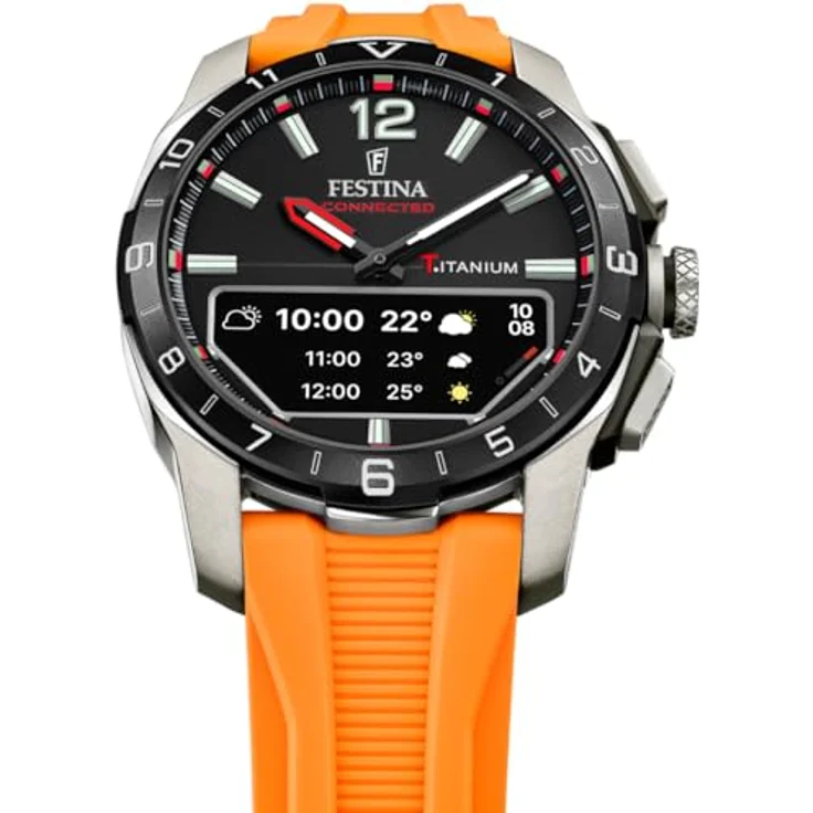 Festina F23000/D Connected D, Herren Hybrid Uhr mit schwarzem Zifferblatt, silbernem Titan-Gehäuse und orangefarbenem Silikonband, wasserdicht bis 3 bar – Bild 2