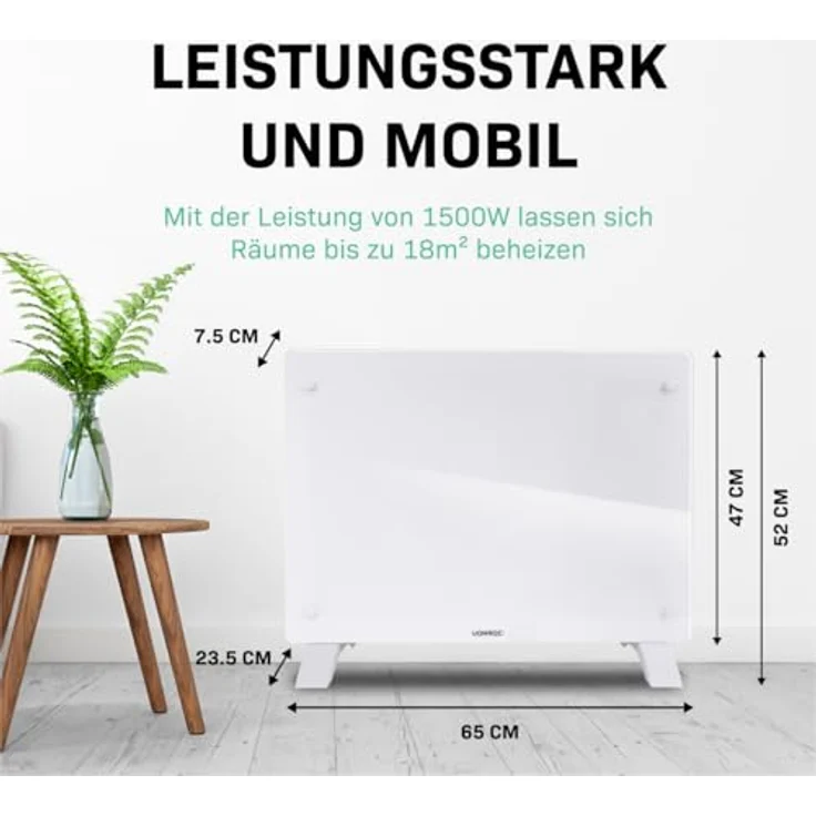 VONROC Elektroheizung, Konvektor-Heizung - Elektrische Heizung bis 24m2 - Mobiler Heizkörper LED Anzeige, leise, 2 Stufen 1000W & 2000W, Manuelle/App Steuerung - weiß – Bild 4