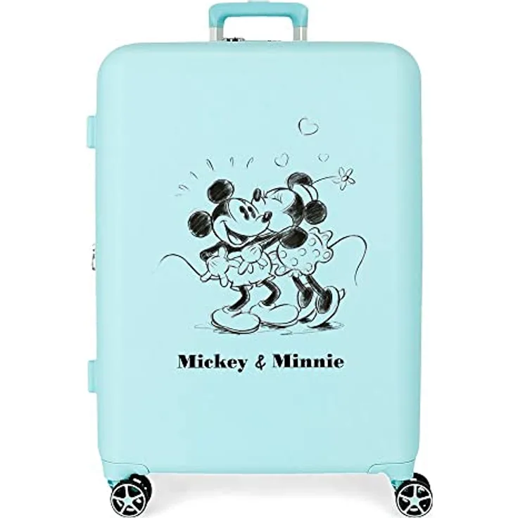 Disney Mickey & Minnie Kisses Mittelgroßer türkisfarbener Koffer, 48 x 70 x 26 cm, starres ABS, integrierter TSA-Verschluss, 88 l, 3,98 kg, 4 Doppelrollen