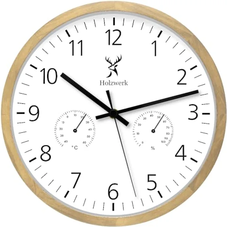 Holzwerk Holzwerk Wanduhr, Rund, beige und weiß, 30 cm, mit Thermo-Hygrometer, handgefertigt aus massivem Holz, minimalistisches Design