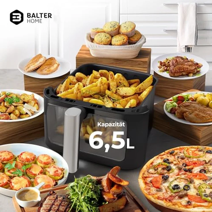 Balter HL-651T Heißluftfritteuse Airfryer, 6,5 L XXL mit Sichtfenster, 12 Programme, inkl. 100 Rezepte, energieeffiziente Friteuse – Bild 5