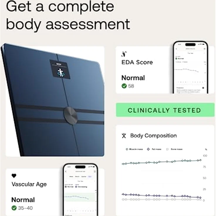 WITHINGS BODY COMP — WLAN Smart Waage mit vollständiger Körperanalyse inkl. Fettanteil, Muskelmasse, Knochendichte, Viszeralfett, Digitale Personenwaagen /Körperfettwaage mit Bluetooth – Bild 2