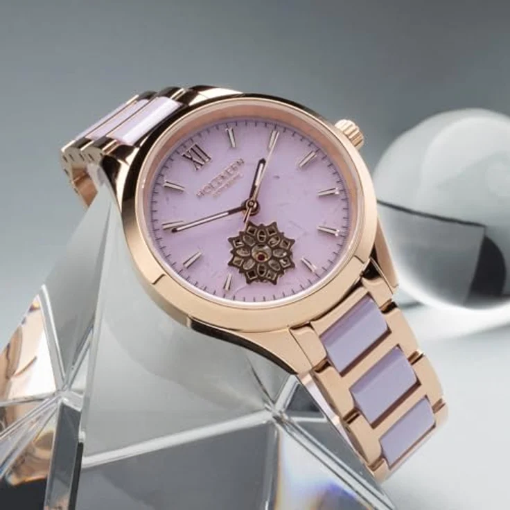 HOLZKERN Damen-Armbanduhr Automatik Kaleidoscopic, violettes Zifferblatt, Edelstahl Roségold, kratzfest, leuchtend im Dunkeln, mit Faltschließe – Bild 3