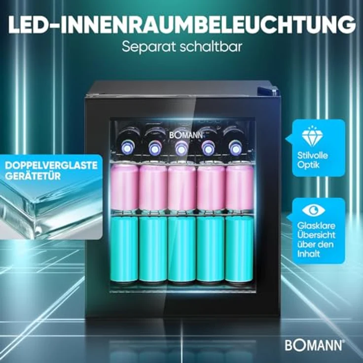 Bomann Getränkekühlschrank KSG 7291 | Mini Kühlschrank Glastür für bis zu 55 Dosen, leise (42db) | 2 Ablagen, 46L, für Büro, Outdoor und Gaming – Bild 5