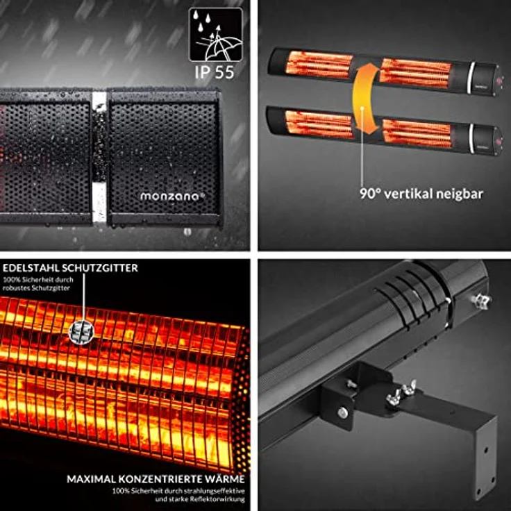 Monzana Infrarot Heizstrahler MZH3000 Goldröhre 3000W 3 Heizstufen Fernbedienung 90° Neigungswinkel Outdoor Wärmestrahler Terrassenheizer Terrassenstrahler Schwarz – Bild 3