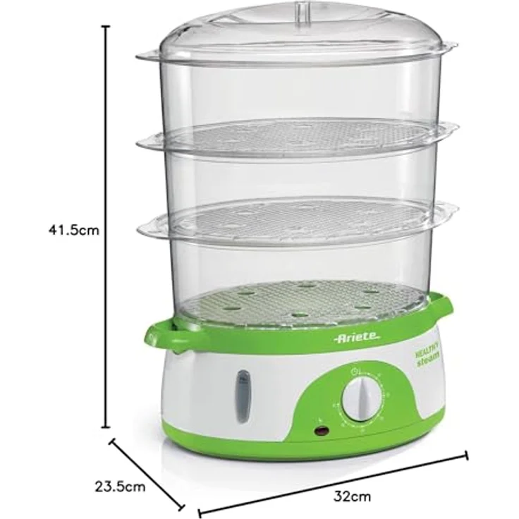Ariete 911 Healty Steam Elektrischer Dampfgarer mit Timer 60', 3 Körben, Wasserstandsanzeige, Behälter, platzsparend, 800 W, 9 l, Weiß-Grün – Bild 6