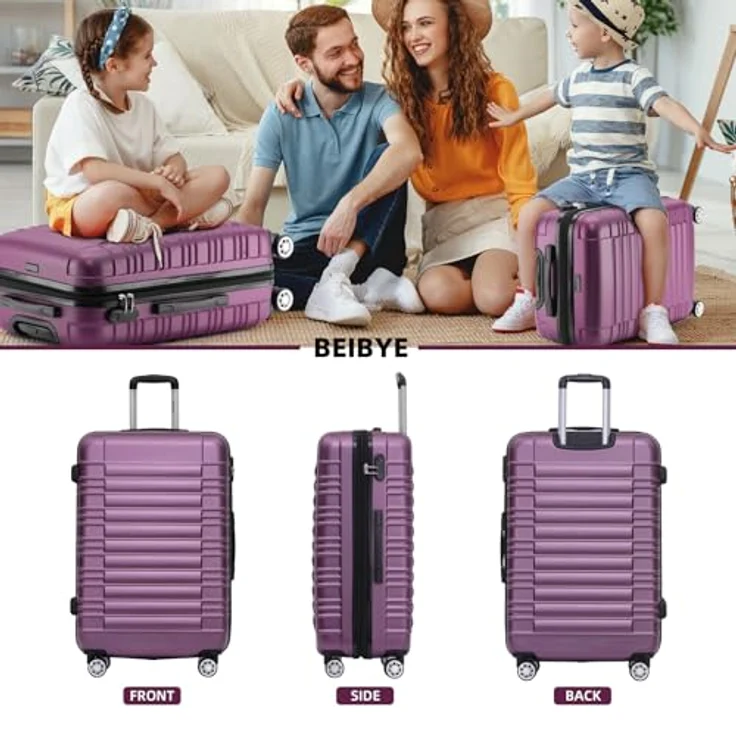 BEIBYE Zwillingsrollen Reisekoffer Hartschale M-L-XL-Set, Violett, Größe L mit erweiterbarem Innenvolumen und kratzfester Oberfläche – Bild 2