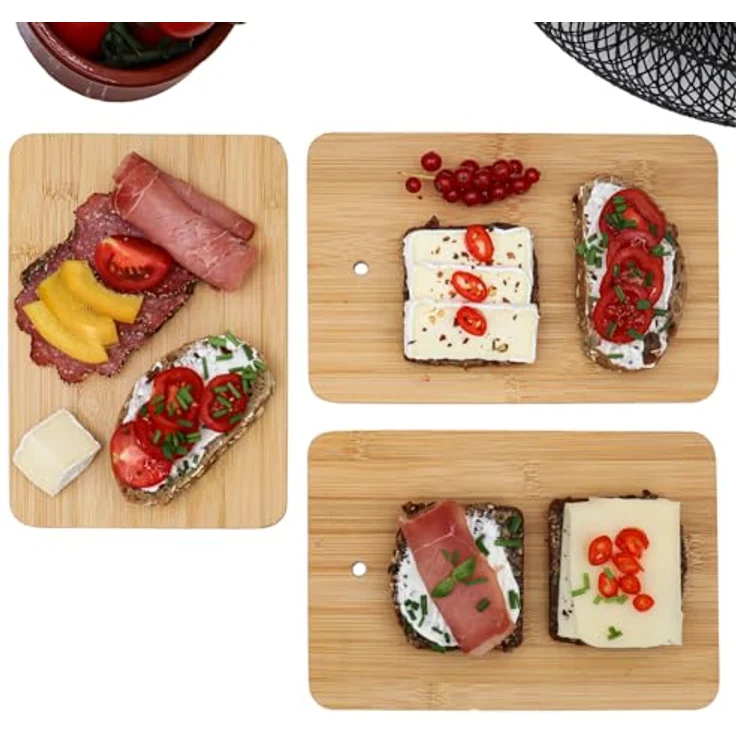 DuneDesign Schneidebrett 6er Set Frühstücksbrettchen + Ständer 22x15 cm, Holz, Antibakteriell, Bambusständer, (6-St), Holzbrettchen Brotbretter – Bild 3