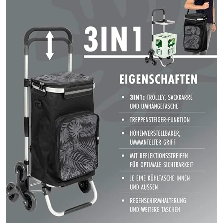 eluno Einkaufstrolley OKEL, Treppensteiger, klappbarer Handwagen, 2 Kühlfächer, Schwarz – Bild 3