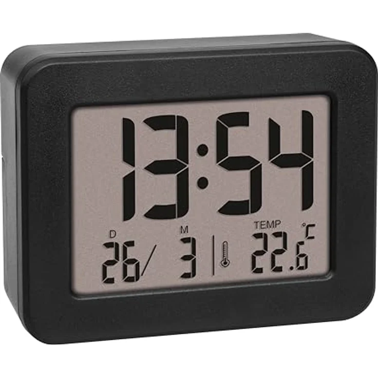 TFA Dostmann Digitaler Mini Wecker 60.2044.01, batteriebetrieben, mit lautem Weckalarm, Innenthermometer, Datum, Quarzuhr, schwarz – Bild 1